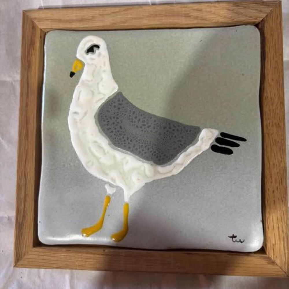 Vintage Fused Glass Seagull Wall Art Tile in Oak Wood Frame – Signed